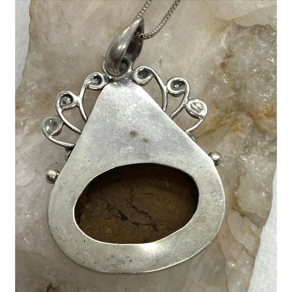 Vintage Brown Agate Modernist Pendant 18'' Necklace Sterling 925 Silver 16g Boho